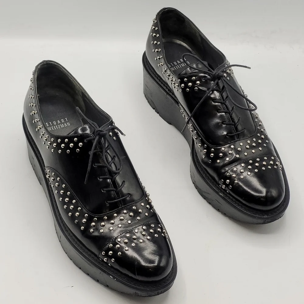 Stuart‎ Weitzman Zealous Studded Platform Loafer Jet Mirror Black. Size 9.5 M